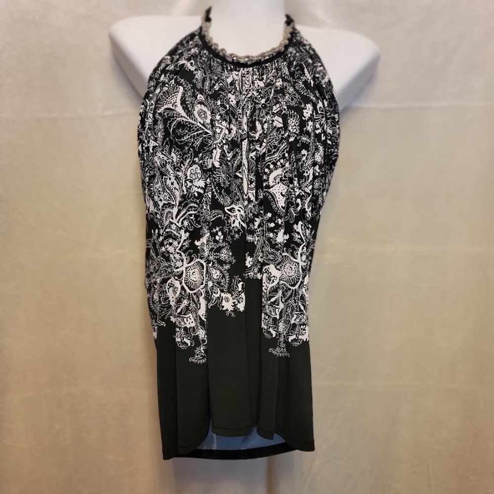 WHBM Black/White Floral Paisley Halter Top With Metallic Braid Trim - Size: L